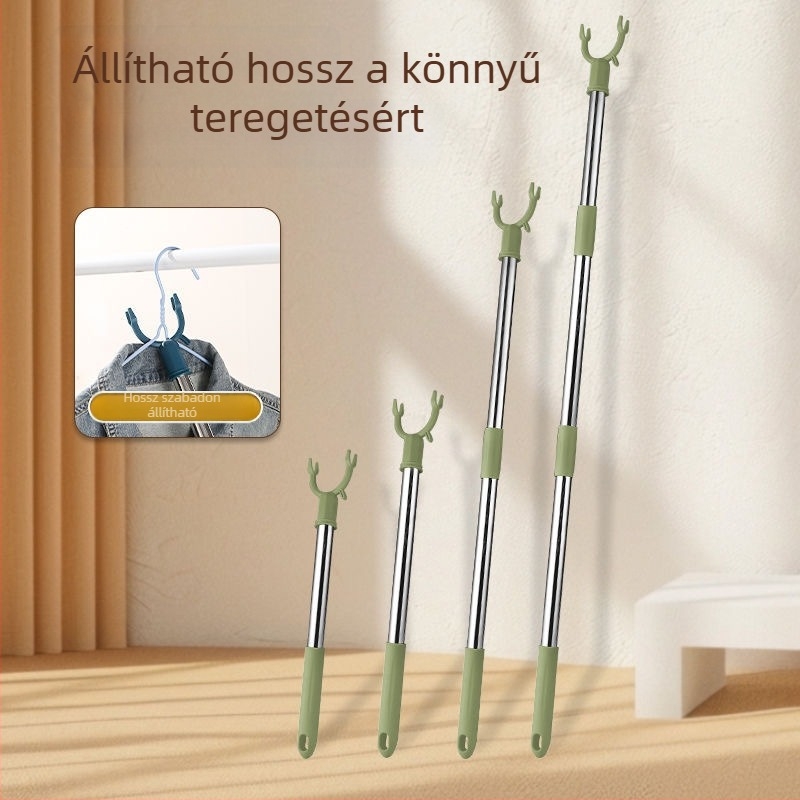 Teleszkópos ruhaszárító rúd villás végződéssel a ruhák felakasztásához, kollégiumi használatra