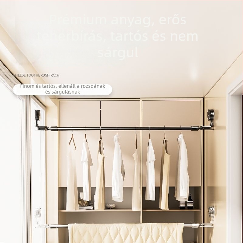 Teleszkópos ruhaszárító rúd vákuumos rögzítéssel, fúrás nélküli, beltéri használatra (erkély), többfunkciós zuhanyfüggöny- és függönyrúd