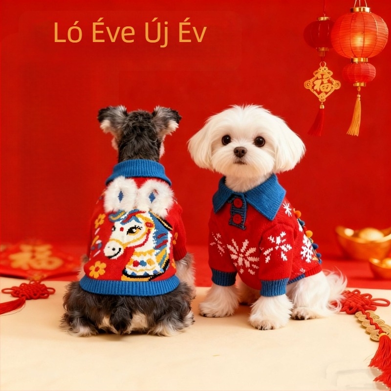 A ló éve kutyapulóver — Zodiákus karikatúra kötött pulóver kis- és közepes testű kutyáknak (Schnauzer, Francia Bulldog, Teddy, Bichon Frisé, Pomerániai)