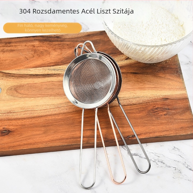 304 rozsdamentes acél liszt szitáló, kézi használatú, szilikon szitával, sütéshez