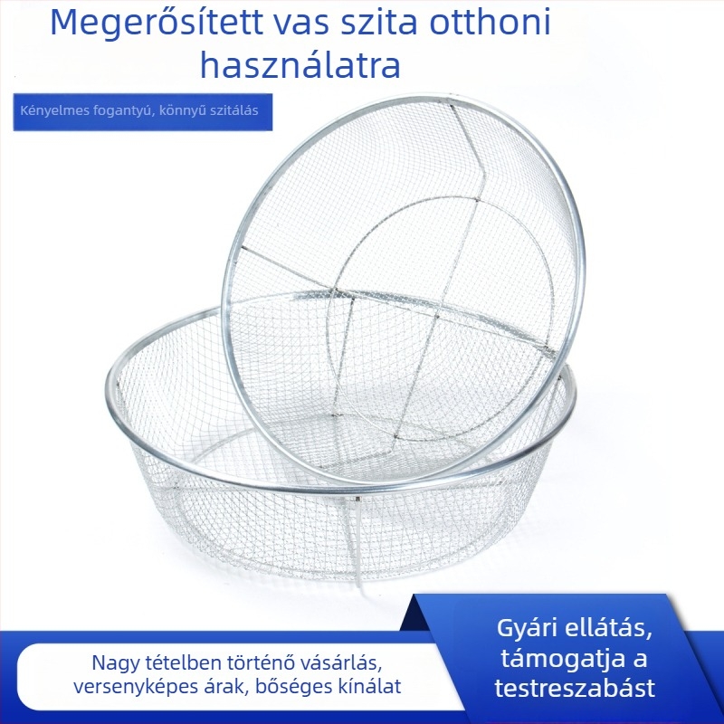Megvastított vasból készült, erősített szita, kör alakú, 12 cm magas, szén, gabonafélék és kukorica szitálására, háztartási használatra