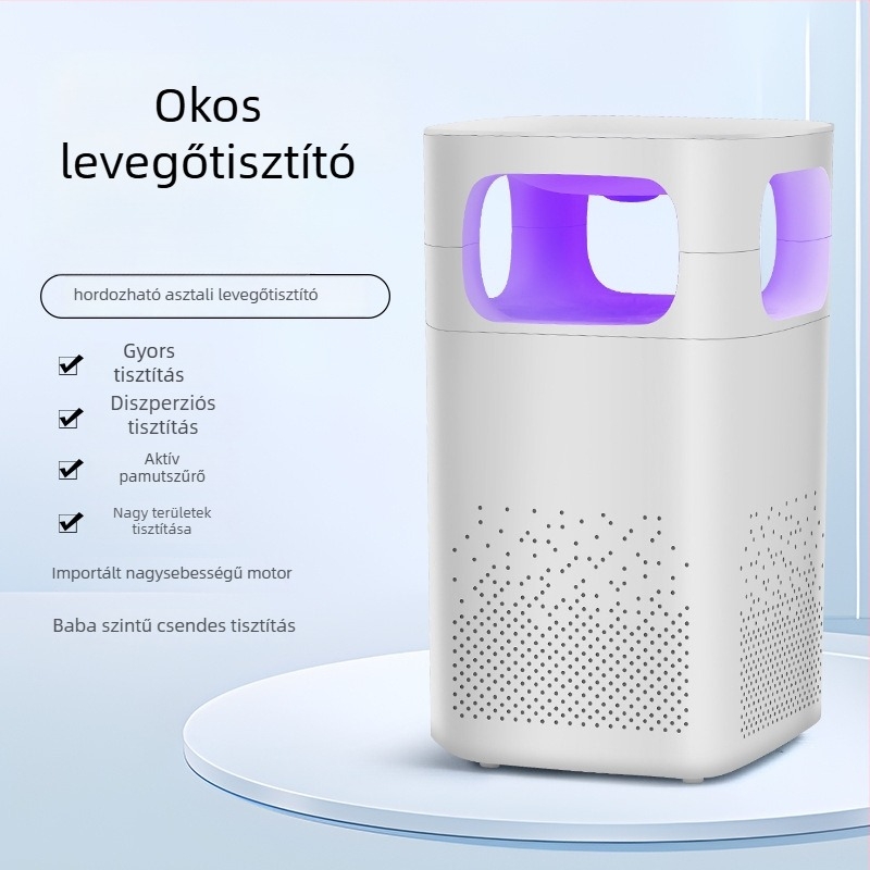 Mini légtisztító otthonra és íróasztalra — zaj 36–45 dB, légáramlás 50 m³/h, hatókör 10 m², külön szűrő, egyszerű kialakítás