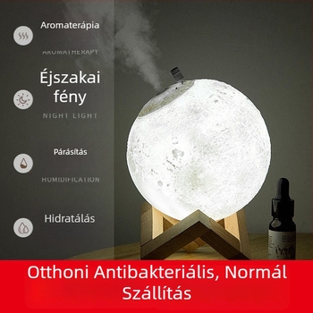 USB-üzemű 3D Holdfény lámpa párásító aromaterápiával, csendes működés, 0.5–1 L tartály, 41–60 m² lefedettség, 2–8 órás időzítő