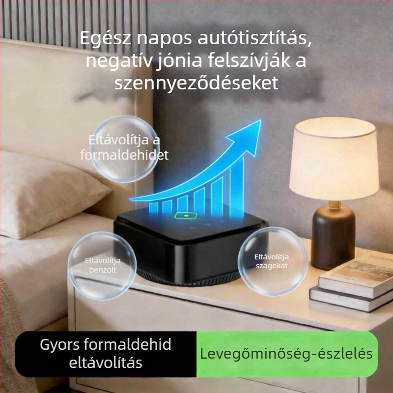 Asztali negatív ionos levegőtisztító otthoni használatra, csendes 36 dB alatt, légáram <50 m³/h, érintéses vezérlés, alkalmas helyiségekig 10 m²-ig