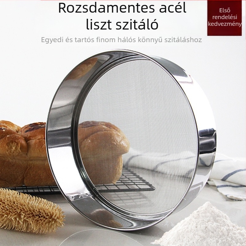 Rozsdamentes acél lisztszit, kézben tartva, megvastított keret, finom sűrű hálóval