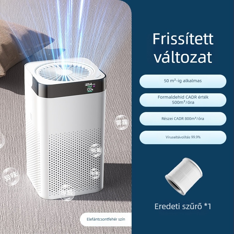 Asztali otthoni légtisztító – légáramlás 50 m³/h, zaj <36 dB, CADR PM 300 m³/h, CADR formaldehid 45, 21–30 m² lefedettség