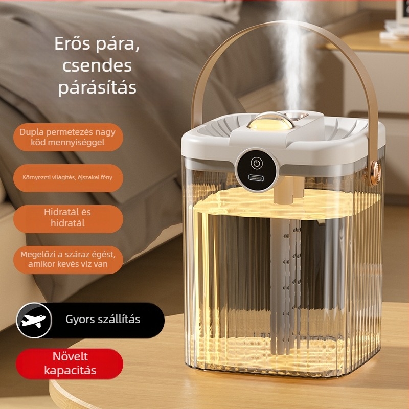 USB asztali párásító két kimenettel, 1.0–2.5 L tartály, zaj 36 dB alatt, környezeti világítás, otthon/iroda