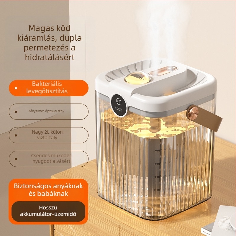 USB asztali párásító két kimenettel, 1.0–2.5 L tartály, zaj 36 dB alatt, környezeti világítás, otthon/iroda