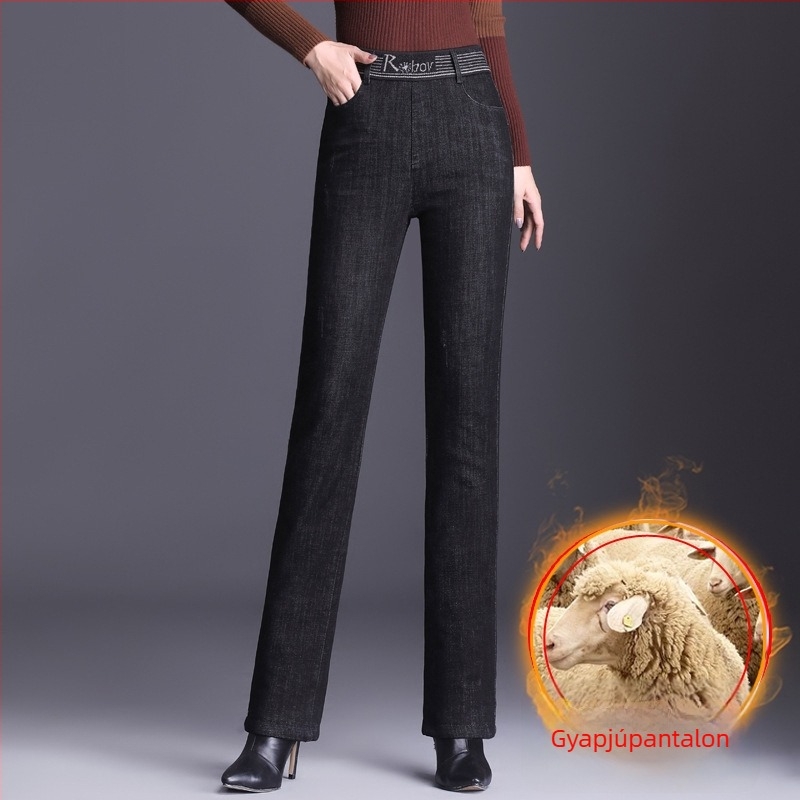 Női fleece-bevonatú egyenes szárú farmer, magas derekú, gyapjú-spandex keverék, téli mindennapi nadrág