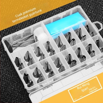 32‑fejű rozsdamentes acél díszítő készlet konverterrel, díszítő hegyekkel és krémzsákkal (230 g/készlet)