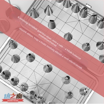 32‑fejű rozsdamentes acél díszítő készlet konverterrel, díszítő hegyekkel és krémzsákkal (230 g/készlet)