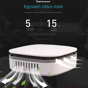 Autó légszűrő készülék – szag eltávolítás, fertőtlenítés és allergének csökkentése; USB tápegység, anion/ozon technológia, 50 m³/h, alkalmas legfeljebb 10 m²-ig