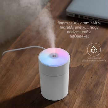 Ultrahangos párásító irodába és otthonra, USB-ellátás, 0.5 literes tartály, 1 párás kimenet, csendes működés ≤36 dB, időzítő 2–8 óra