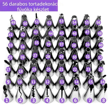 56 darabos rozsdamentes acél torta-díszítő cső készlet krém díszítéséhez