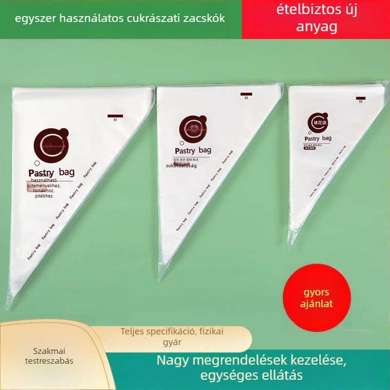 Egyszer használatos díszítő tasak, élelmiszer-minőségű PE, átlátszó háromszög alakú, krémhez