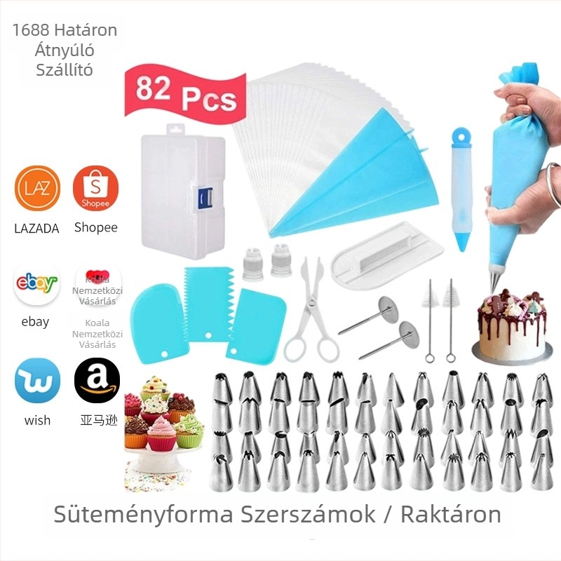 Pékség dekoráló készlet, 82 darab (díszítőcsövek, díszítő zacskók, szilikon toll, 316-os rozsdamentes acél)