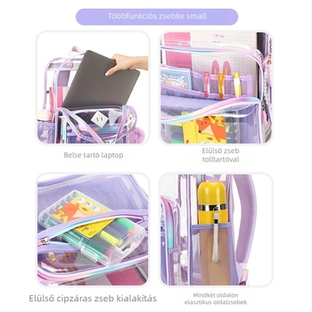 Átlátszó PVC iskolatáska lányoknak, légpárnás vállpántokkal, vízálló és kopásálló, nagy kapacitású az általános- és középiskolába