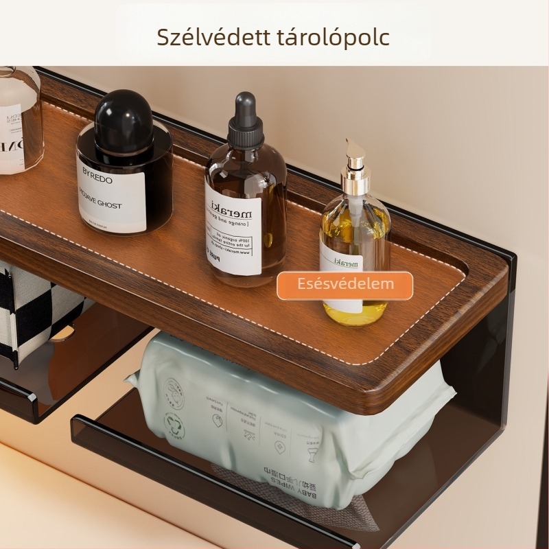 Fürdőszobai falra szerelhető törölköző- és papírtartó, 2 szintű, akril és fa, permetezés és porbevonatú felületkezelés, minimalist stílus