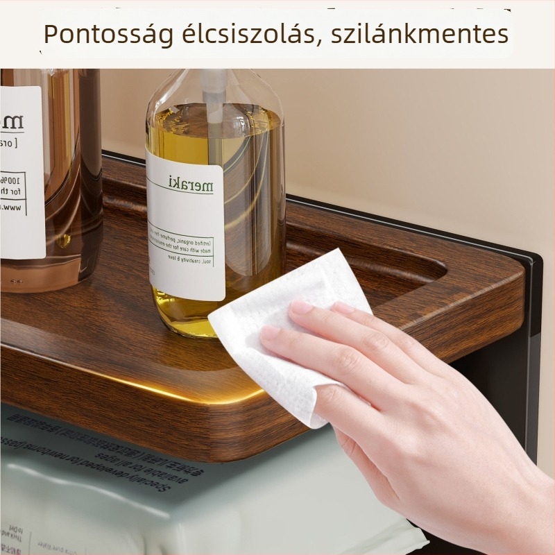 Fürdőszobai falra szerelhető törölköző- és papírtartó, 2 szintű, akril és fa, permetezés és porbevonatú felületkezelés, minimalist stílus