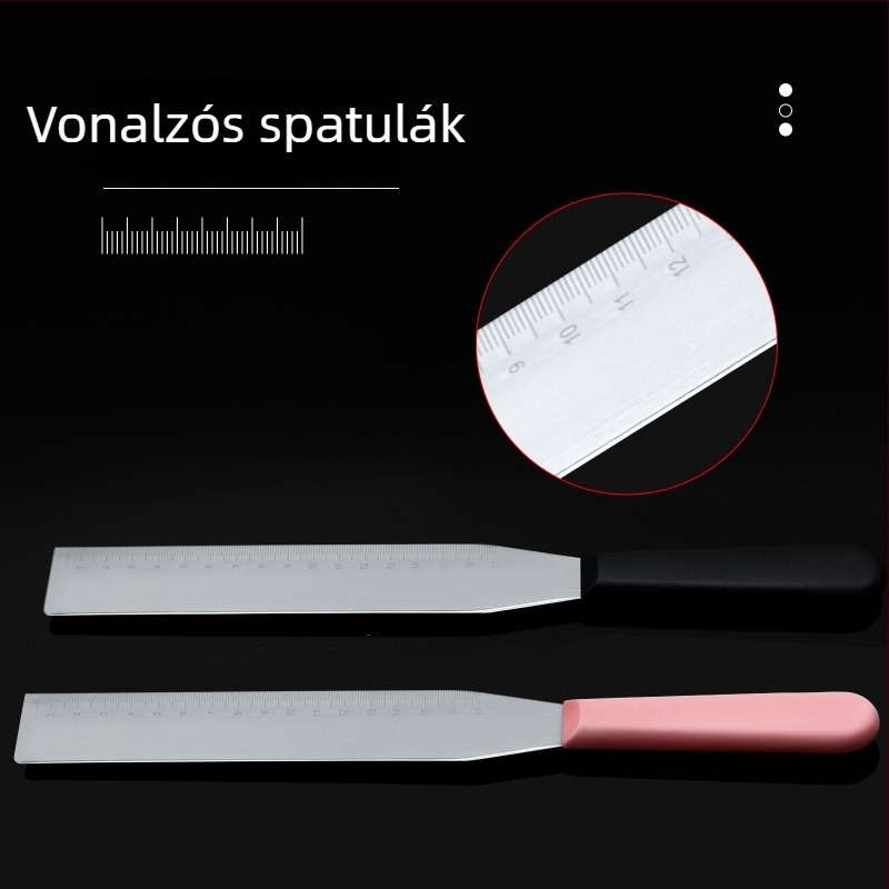 Rozsdamentes acél tortadíszítő spatula mérőskálával és 90°-os derékszöggel