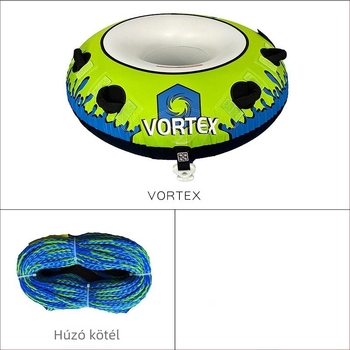 Egyfős felfújható vízi vontatórings, vontató kötéllel, PVC 0,60 mm vastagság, hidegálló, levegőpumpa tartozék, maximális teher 77 kg