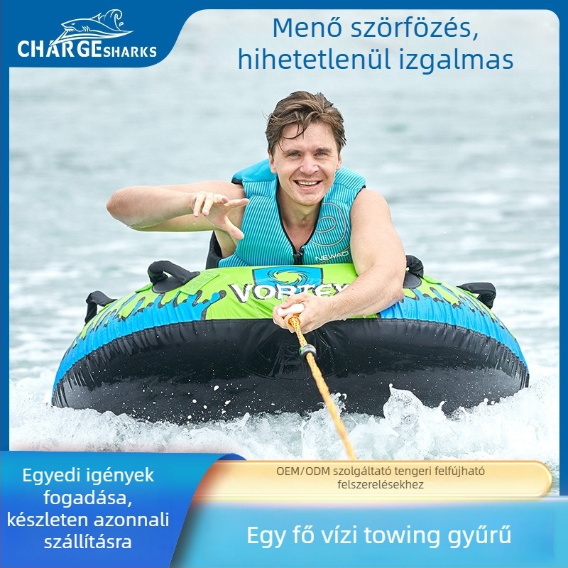 Egyfős felfújható vízi vontatórings, vontató kötéllel, PVC 0,60 mm vastagság, hidegálló, levegőpumpa tartozék, maximális teher 77 kg