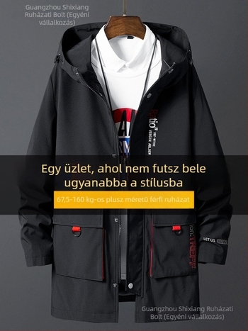 Férfiaknak plusz méretű kapucnis windbreaker kabát, őszi középhosszú, hétköznapi