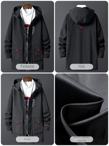 Férfiaknak plusz méretű kapucnis windbreaker kabát, őszi középhosszú, hétköznapi