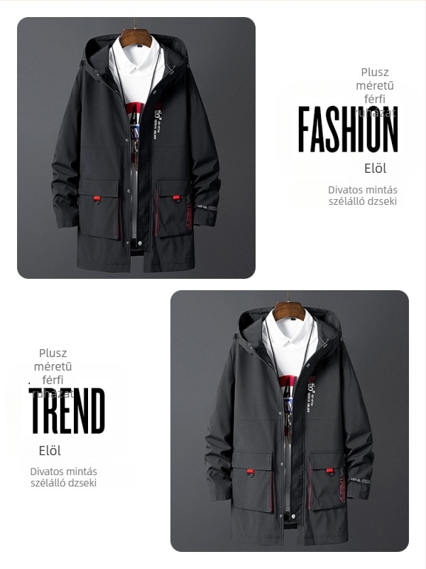 Férfiaknak plusz méretű kapucnis windbreaker kabát, őszi középhosszú, hétköznapi
