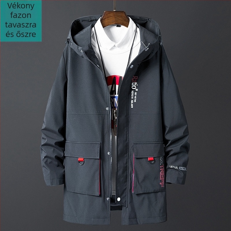 Férfiaknak plusz méretű kapucnis windbreaker kabát, őszi középhosszú, hétköznapi