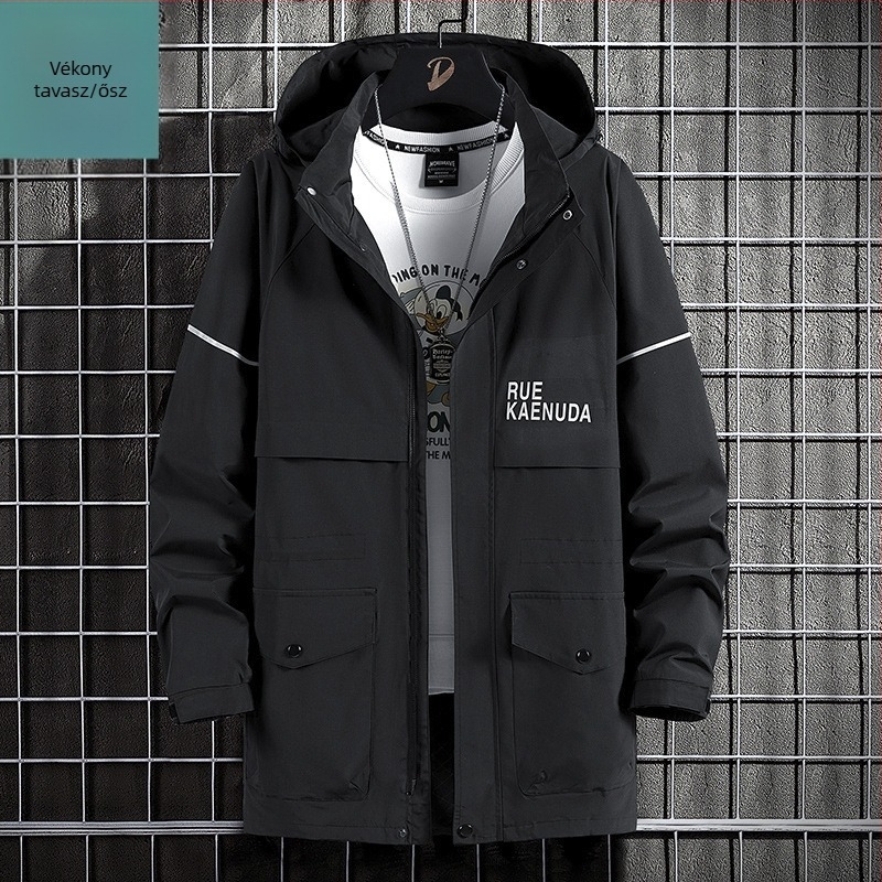 Férfiaknak plusz méretű kapucnis windbreaker kabát, őszi középhosszú, hétköznapi