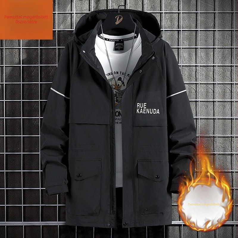 Férfiaknak plusz méretű kapucnis windbreaker kabát, őszi középhosszú, hétköznapi