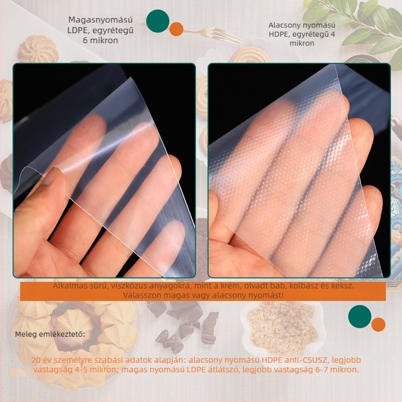 Dekoráló zacskó, vastagított, egyszer használatos torta- és krémdíszítéshez, HDPE/LDPE degradálható anyag, 50–100 db/csomag, Pesger Zb25061203