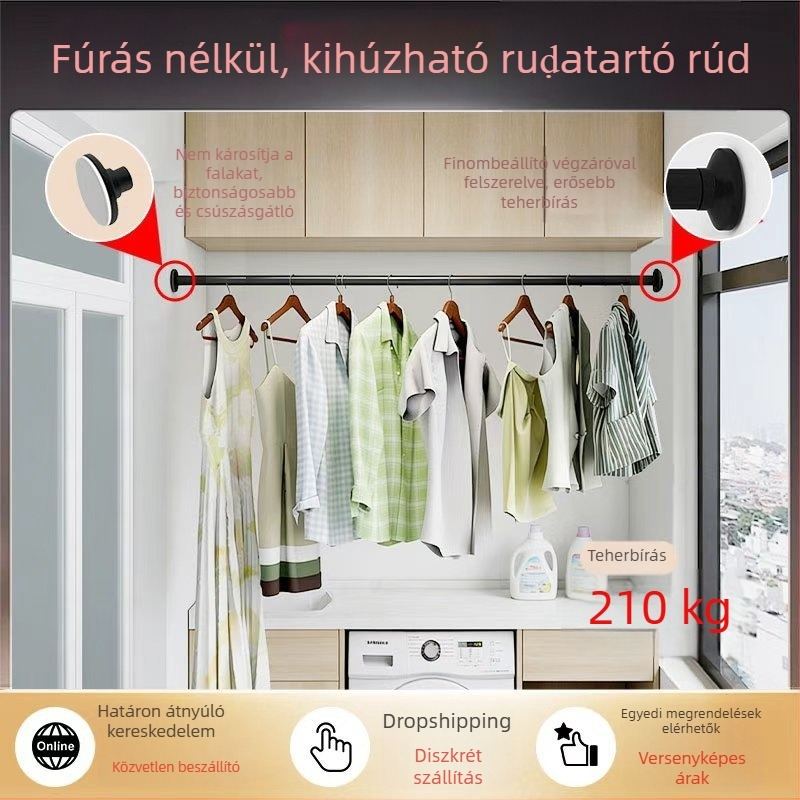 Állítható teleszkópos ruhaszárító rúd – fúrás és szögelés nélkül, erős teherbírású, univerzális