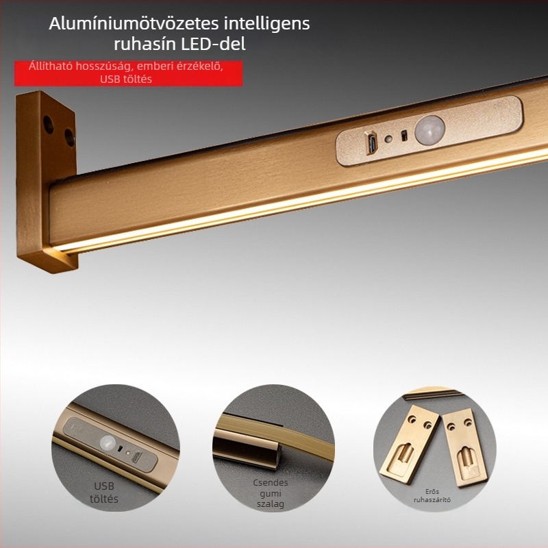 Gardróbba illeszkedő ruhaszárító rúd LED világítással, alumíniumötvözet, emberi test-érzékelő, 8000mAh akkumulátor, 4000K fényhőmérséklet