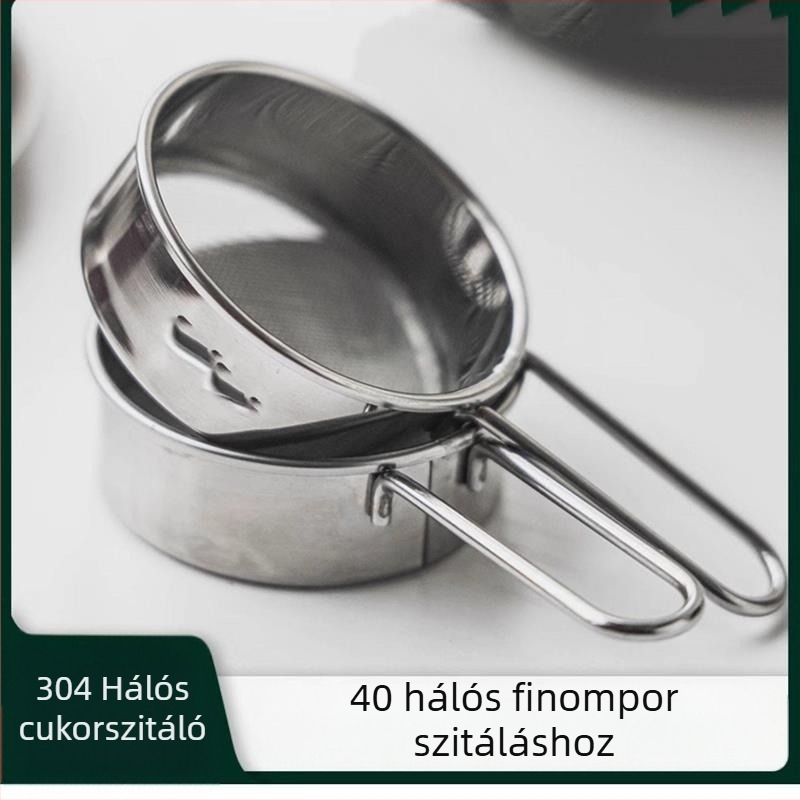 304 rozsdamentes acél lisztszitó, kézi használatú, cukor-, matcha- és kakaóporhoz — otthoni sütéshez