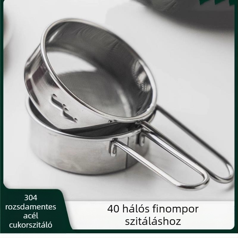 304 rozsdamentes acél lisztszitó, kézi használatú, cukor-, matcha- és kakaóporhoz — otthoni sütéshez