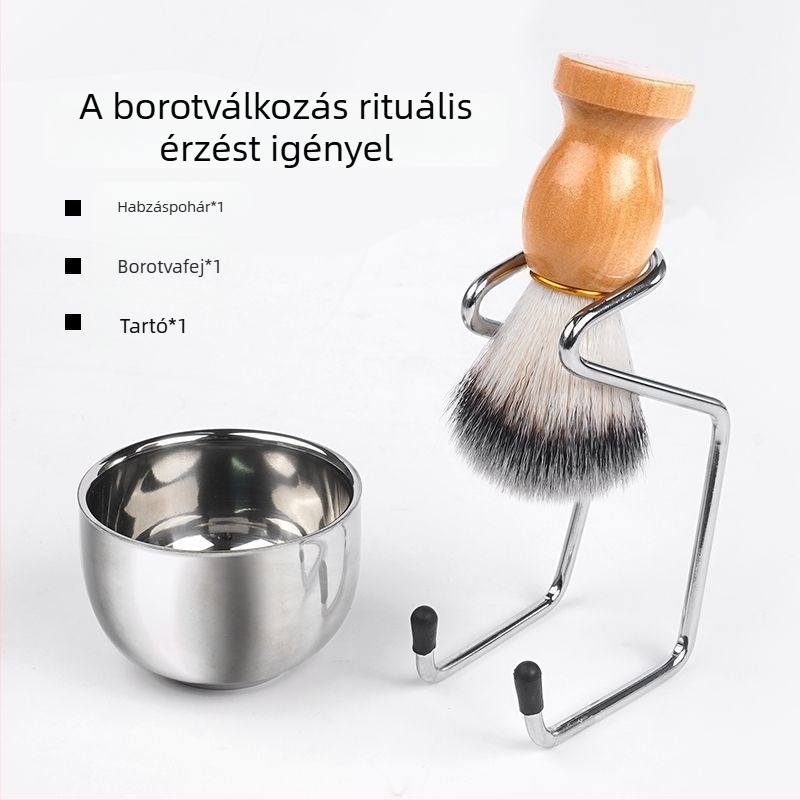 Borotválkozó ecset készlet állvánnyal és tálkával - Rozsdamentes acél - Tanizaki