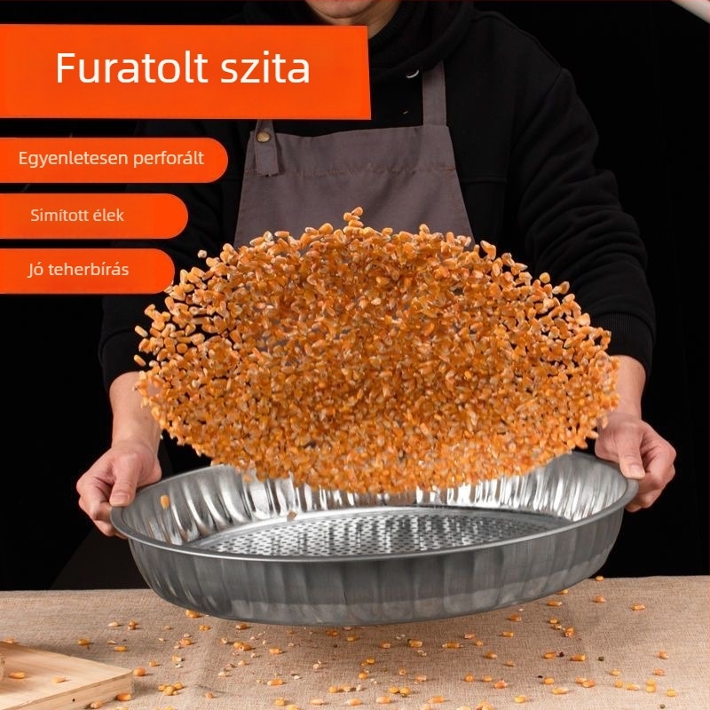 Kerek lyukú vasból készült szita magvak és szemek számára, liszt-szita drén- és szárítási funkcióval