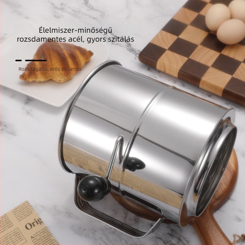 Rozsdamentes acélból készült kézi liszt-szita – hálós szita, otthoni sütéshez, modern minimál dizájn