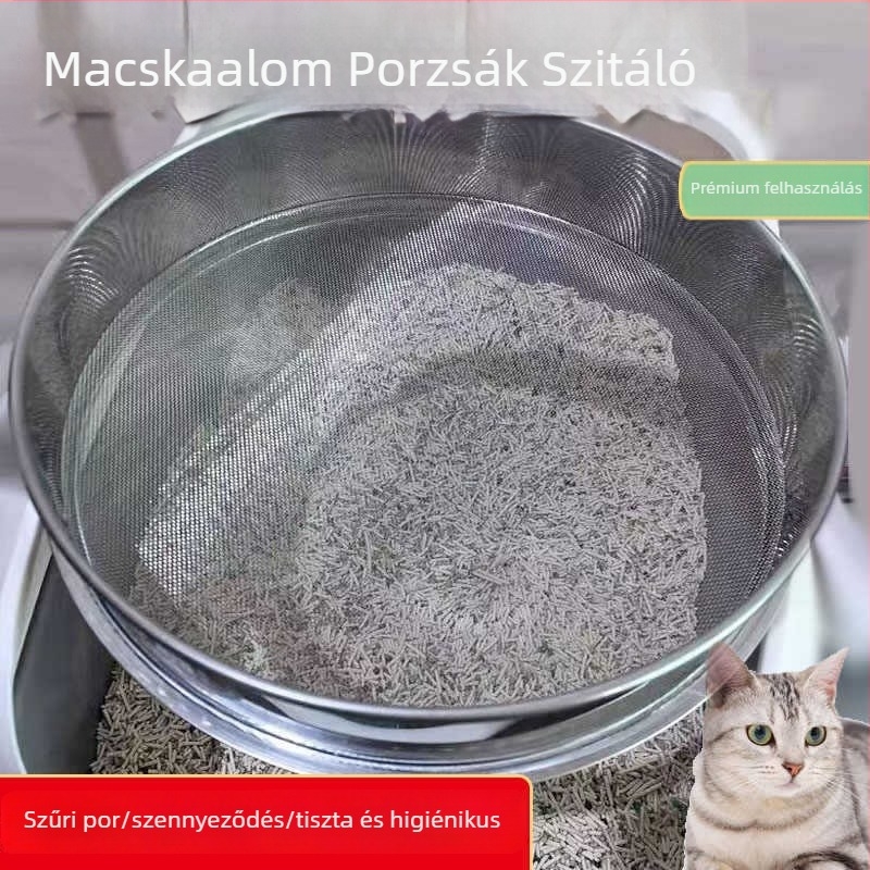Rozsdamentes acélból készült macskaalom-szita bentonittel és porfiltrével