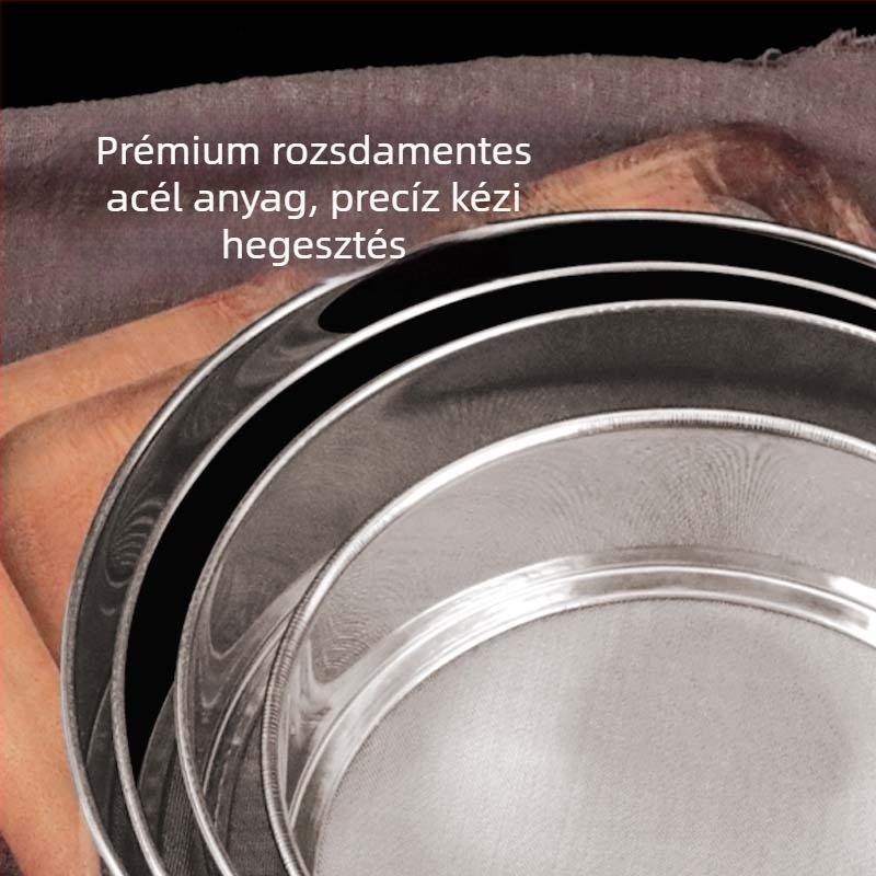 Lisztátszitó rozsdamentes acélból, élelmiszer-minőségű, kézi működtetés, otthoni sütéshez (Márka: Benefit)