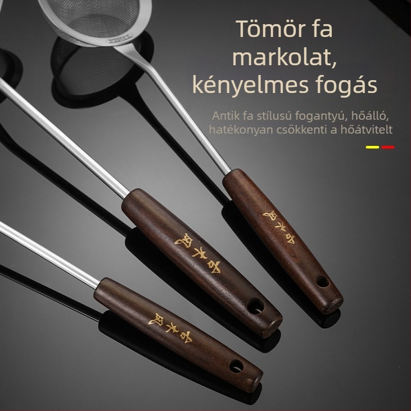 Rozsdamentes acélból készült háromrészes szűrőháló készlet fa fogantyúval, kézi konyhai szita liszt és zsiradék maradványokhoz, csúszásmentes, égésvédő