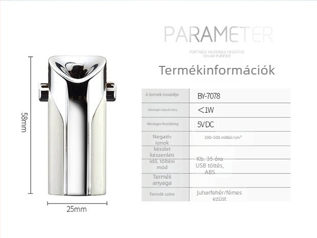 Viselhető negatív ionos levegőtisztító – párásítás és sterilizálás, USB tápegység, légáram 50 m3/h, zaj alatt 36 dB
