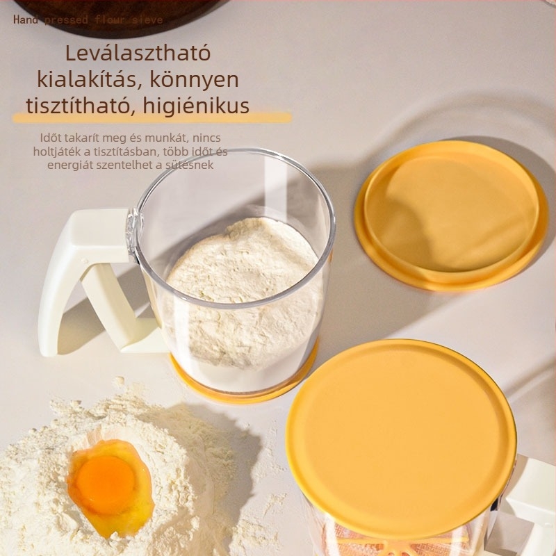 Kézi lisztszitáló – kézzel tartva, nyomó típusú, finom hálóval, liszt és porcukor számára