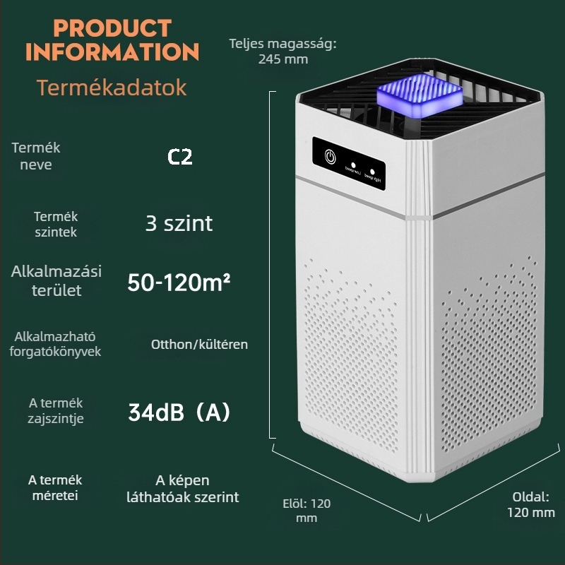 Légszűrő - negatív ionok; formaldehid eltávolítása; alkalmas 41–60 m²-re; zaj 36 dB alatt; kompozit szűrő