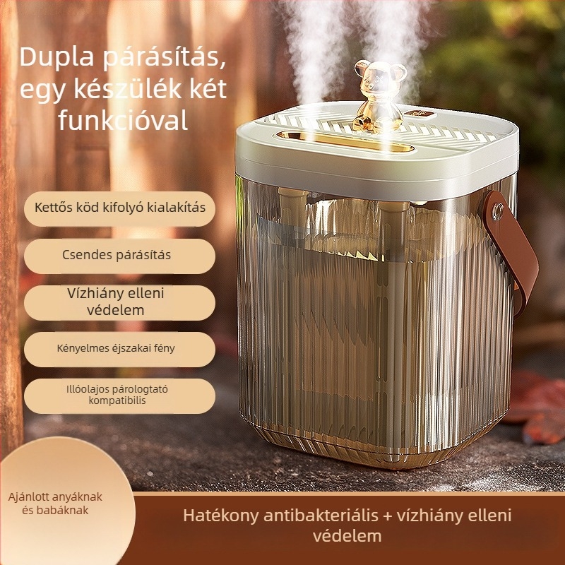 Párásító kettős fúvócsővel, 1.0–2.5 L tartály, USB tápellátás 2.5W, 10–20 m² hatókör, csendes működés