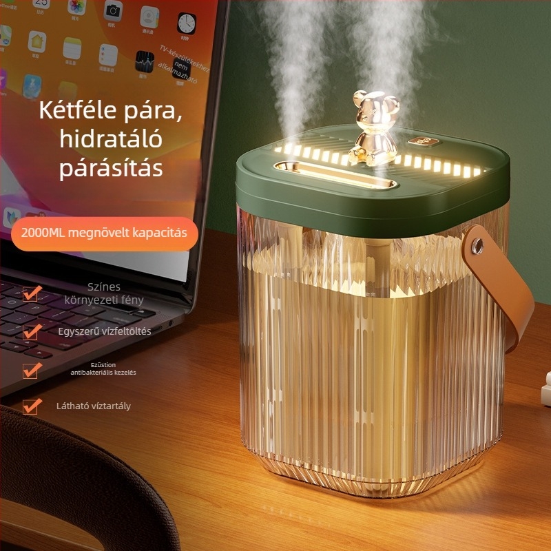 Párásító kettős fúvócsővel, 1.0–2.5 L tartály, USB tápellátás 2.5W, 10–20 m² hatókör, csendes működés