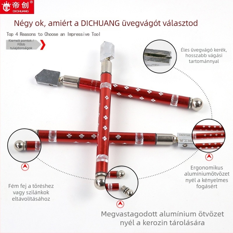 Di Chuang görgős üveg- és csempevágó – olajjal feltöltött, ötvözet görgő típusú, üveg, csempe és tükör vágásához