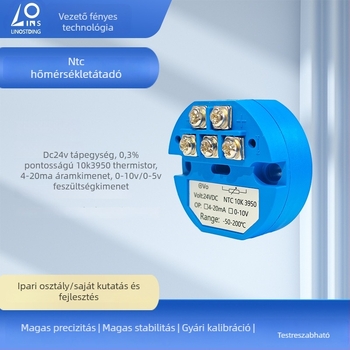 Integrált hőmérséklet-átvivő NTC 10k (β 3950) érzékelővel, 4-20 mA és 0-10 V kimenetek, 5 V tápellátás, csúszó potenciométeres jelküldő